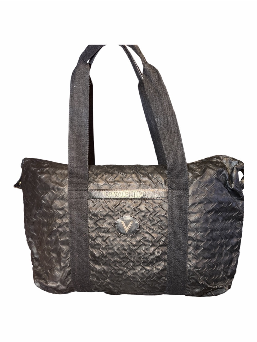MARIO VALENTINO Vintage Black Embossed Chevron Large Tote Bag - Made in Italy